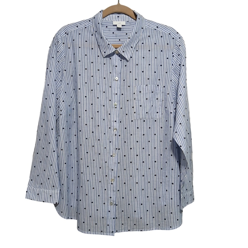 J Jill Striped Embroidered Button Down Shirt‎ Womens XL Blue White Black